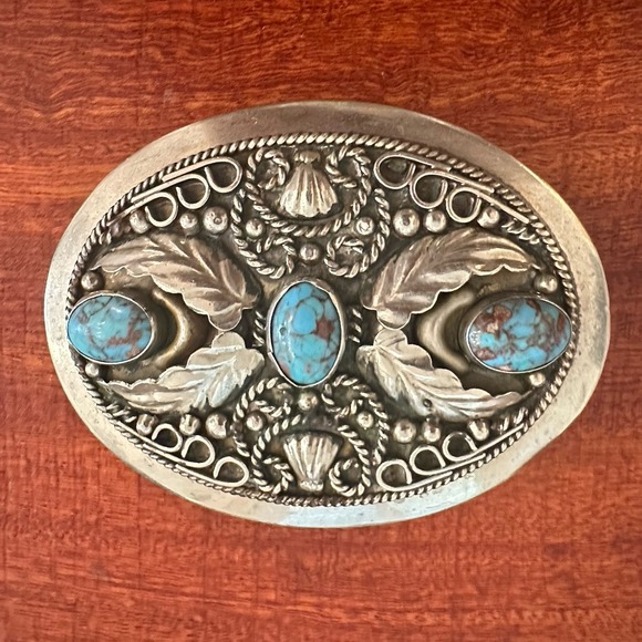 Alpaca Mexico Other - Alpaca Mexico Turquoise Belt Buckle Unisex Silver Blue Floral Leaf Shell